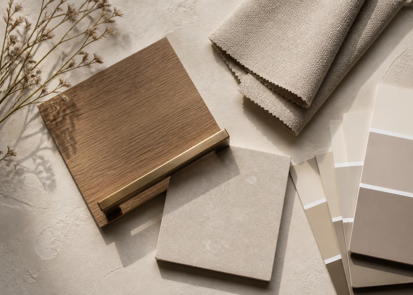 Material samples: oak, limestone, brushed bronze and linen in warm neutral tones
